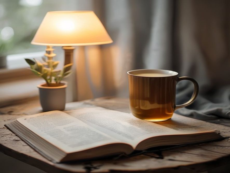 Cozy evening scene with warm tea and book on a small table beside a comfortable chair