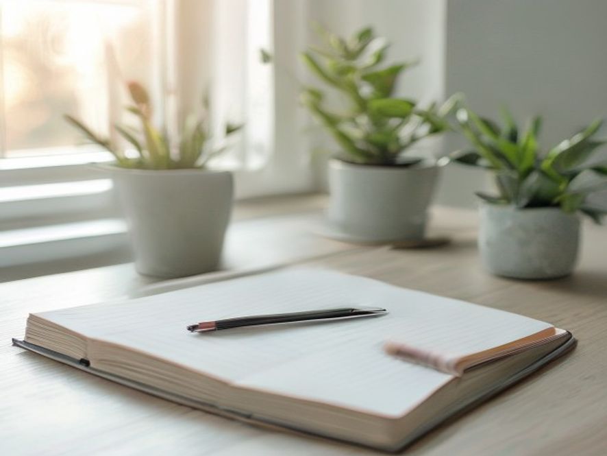 Organized desk with planning materials and notebook for creating evening checklists
